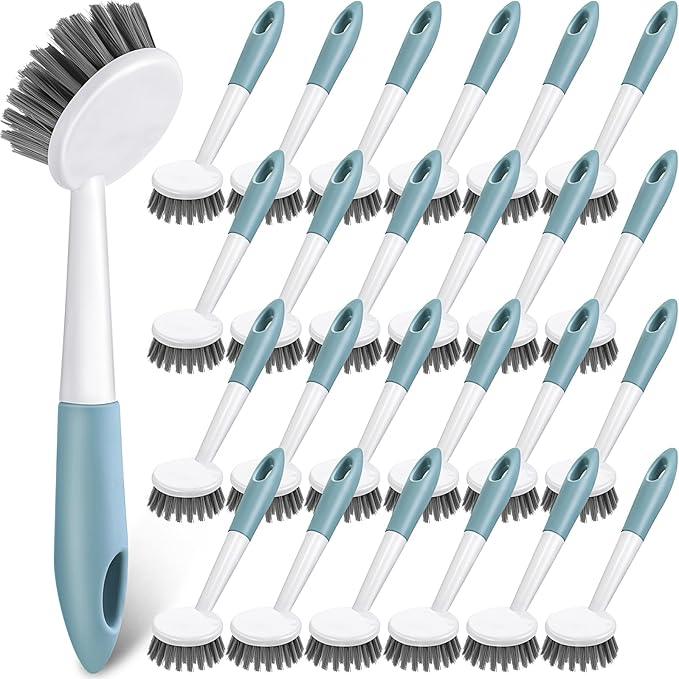 Patelai 24 Pack Kitchen Scrub Dish Brush with Long Handle Dish Scrubber with Stiff Bristles Scrub Brushes for Kitchen Dishes Washing Tools, Pots, Pans and Sink Cleaning (Celadon)