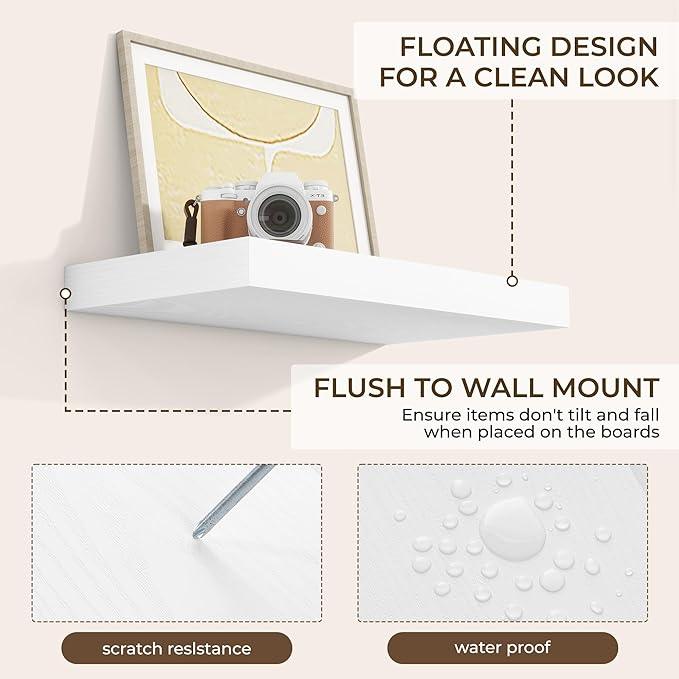 RICHFOCUS 16Inch Floating Shelves for Wall 2 Pack Shelves for Bedroom|Kitchen|Bathroom Wall Mounted Rustic Wood Floating Shelf with Invisible Brackets for Books|Storage|Decor, White