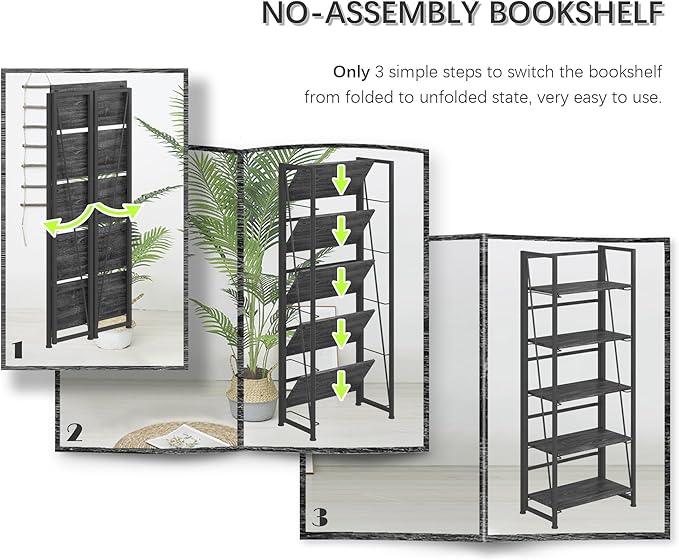 4NM No Assembly Foldable Bookshelf, 5-Shelf Collapsible Bookcase Storage for Small Spaces, 62.2