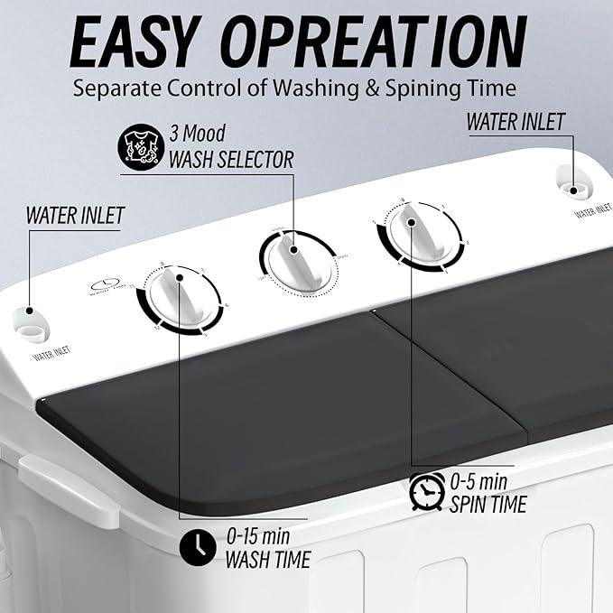 Portable Mini Twin Tub 18lbs Washing Machine With Drying Rack& 10 Hangers, 11lbs Washer & 7lbs Spinner, Small Laundry Washer with Time Control for Camping, Apartments, RV (18lbsBlack)