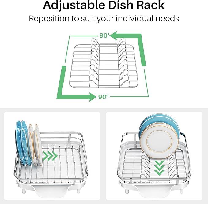 Dish Drying Rack, Expandable Dish Rack for Kitchen Counter, Stainless Steel Dish Drainer with Drainboard Set and Utensil Holder (White)