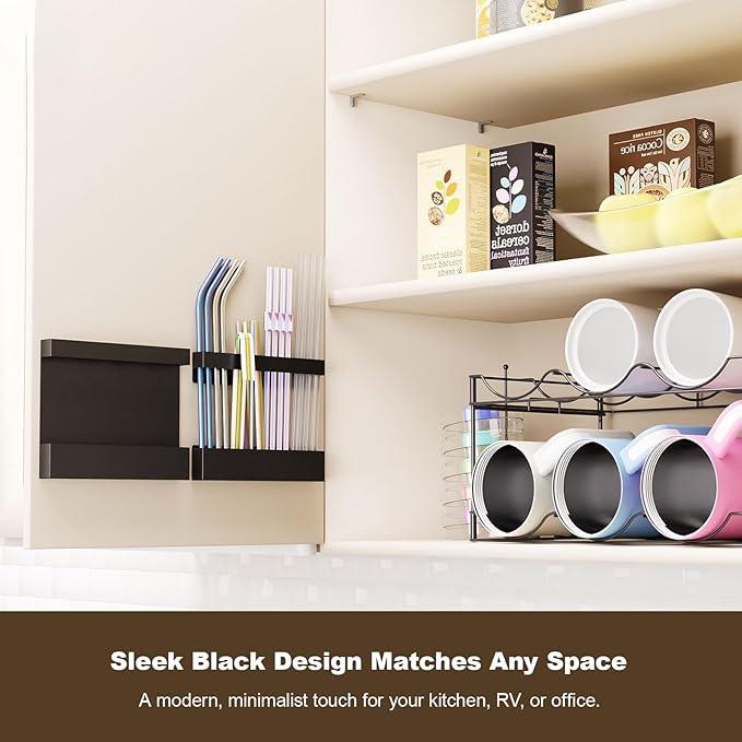 Magnetic & Adhesive Straw Organizer – Carbon Steel Utensil Holder for Reusable Straws, Chopsticks & Stirrers – Wall or Fridge Mount, Space-Saving Black Storage Rack