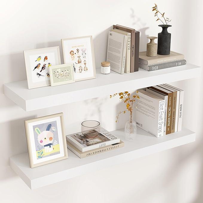 Floating Shelves for Wall, 2 Large Wall Mounted Shelves with Invisible Brackets, Long Wood Floating Wall Shelf Shelves for Living Room, Bedroom, Kitchen, (White, 36