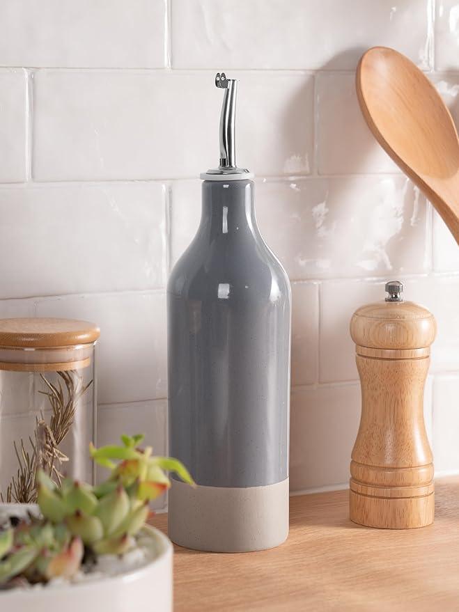 famiware Milkyway 16oz Ceramic Olive Oil Dispenser Bottle, 1 Piece Oil Dispenser for Kitchen with Stainless Steel Pourers, Suitable for Storage Vinegar, Soy Sauce, Coffee Syrup, Liquids, Dark Gray