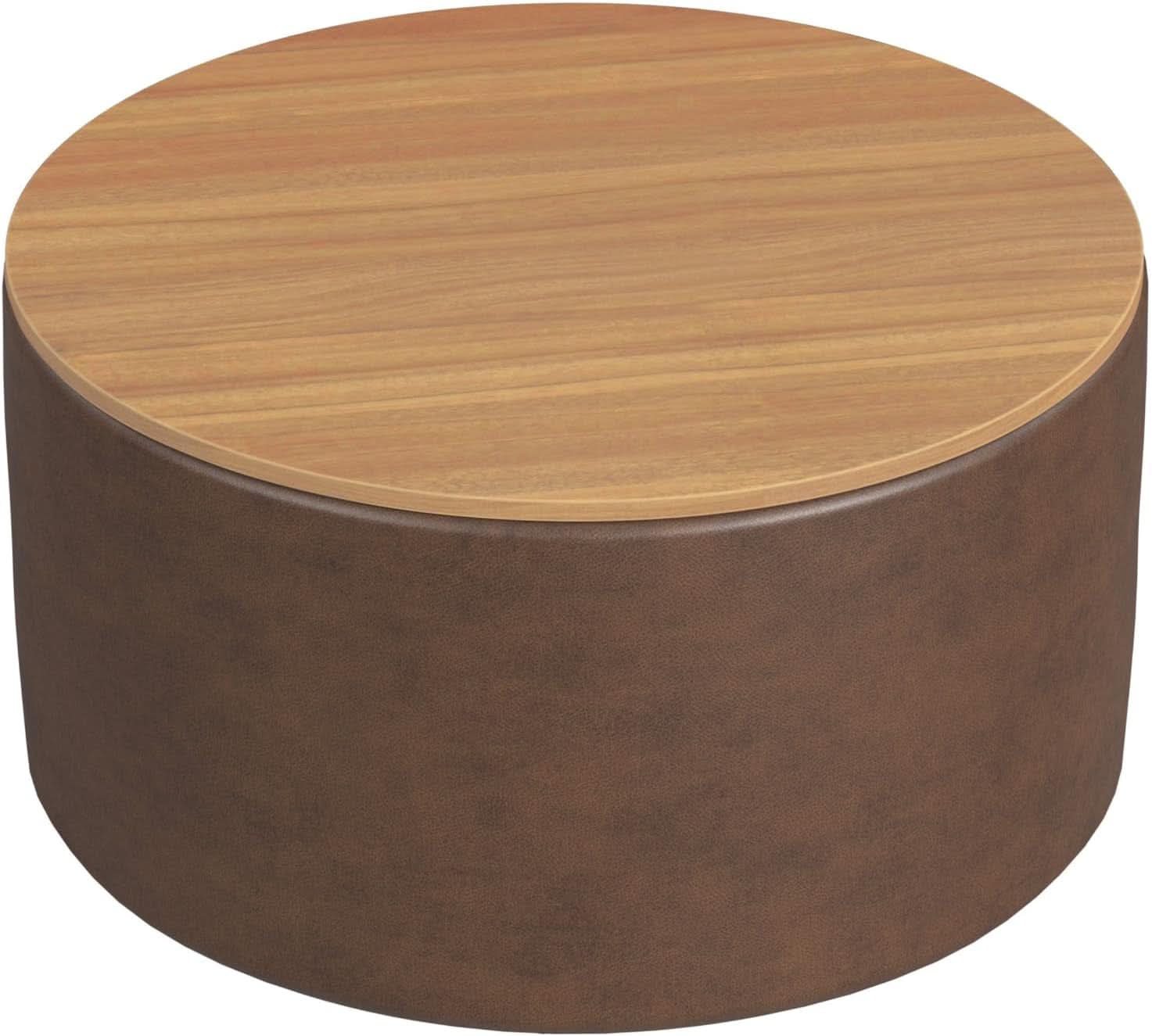 Polyester Upholstered Brown Wood Top Storage Ottoman