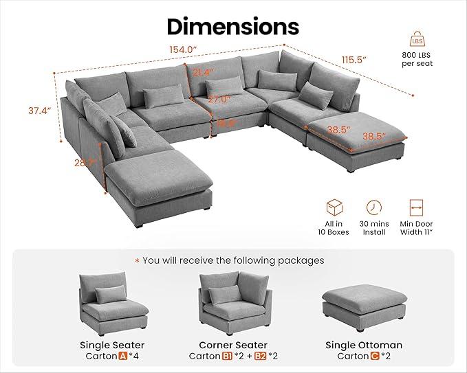 Oversized Modular Sofa, Extra Deep Cloud Chenille Sectional Couch with Ottoman Chaise, Fluffy Chenille 8 Seater Sofa Bed for Living Room, Villa (Sofa Bed 8 Seater, Chenille Grey)