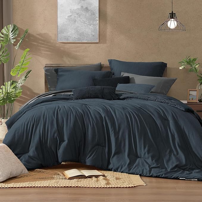 Monbix California King Comforter Set - 7 Pieces Cationic Dyeing Navy Blue Bed in a Bag Cal King Bedding Sets with Comforter, Sheets, Pillowcases & Shams, Reversible Bedding Comforters Sets(108 * 92)