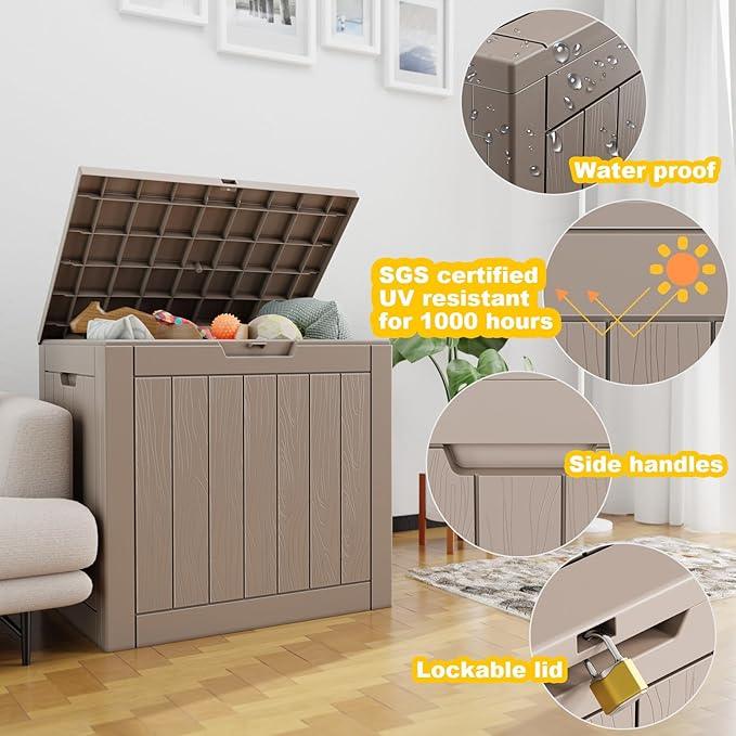 30 Gallon Outdoor Deck Box,Storage Lockable Waterproof Patio Furniture,Garden Tools,Cushions,Pool Accessories Outside Storage Resin Box(Grey)