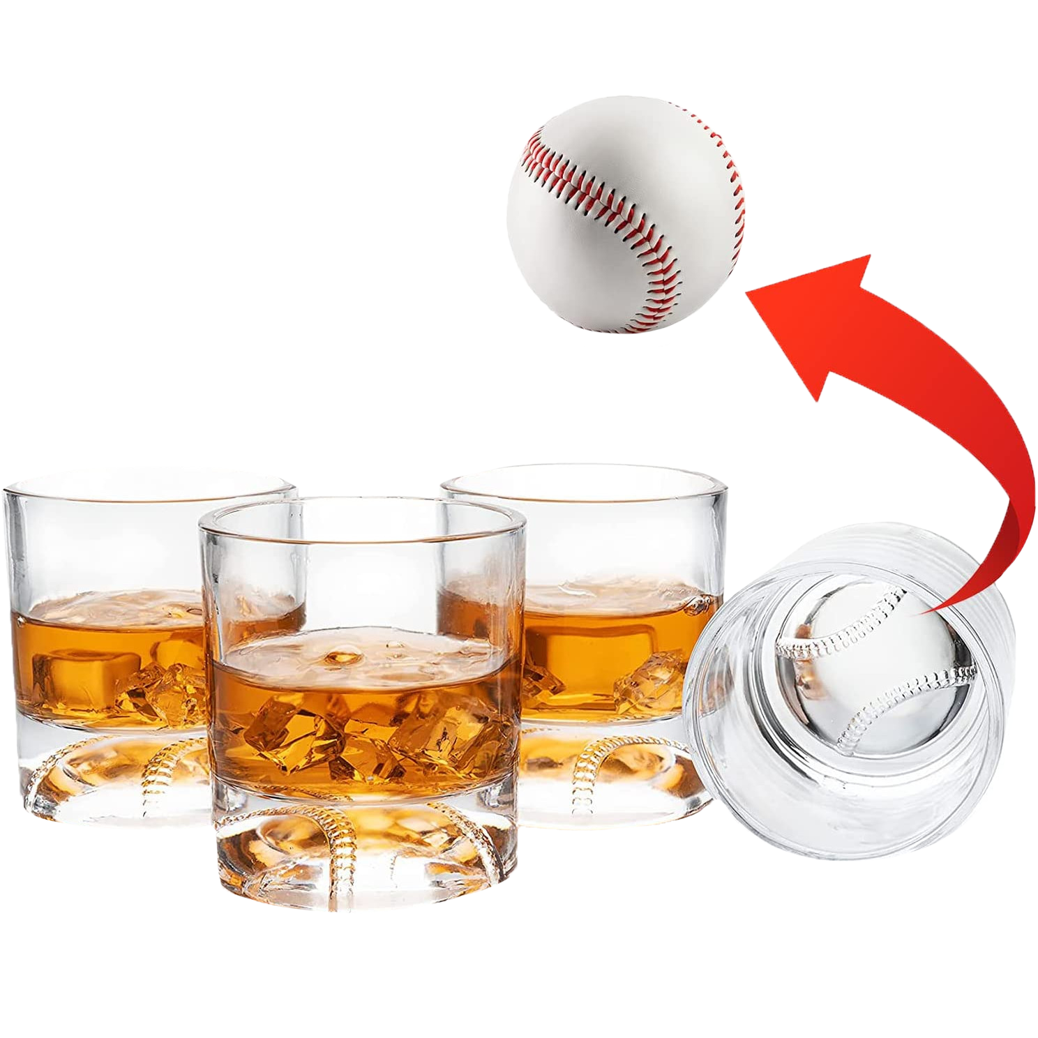 The Wine Savant Baseball Whiskey Glass - 12oz Whiskey Glass Perfect for Any Occasion, Baseball Lovers, Baseball Gifts, Baseball Themed Party, Baseball Birthday Gift Set (4)