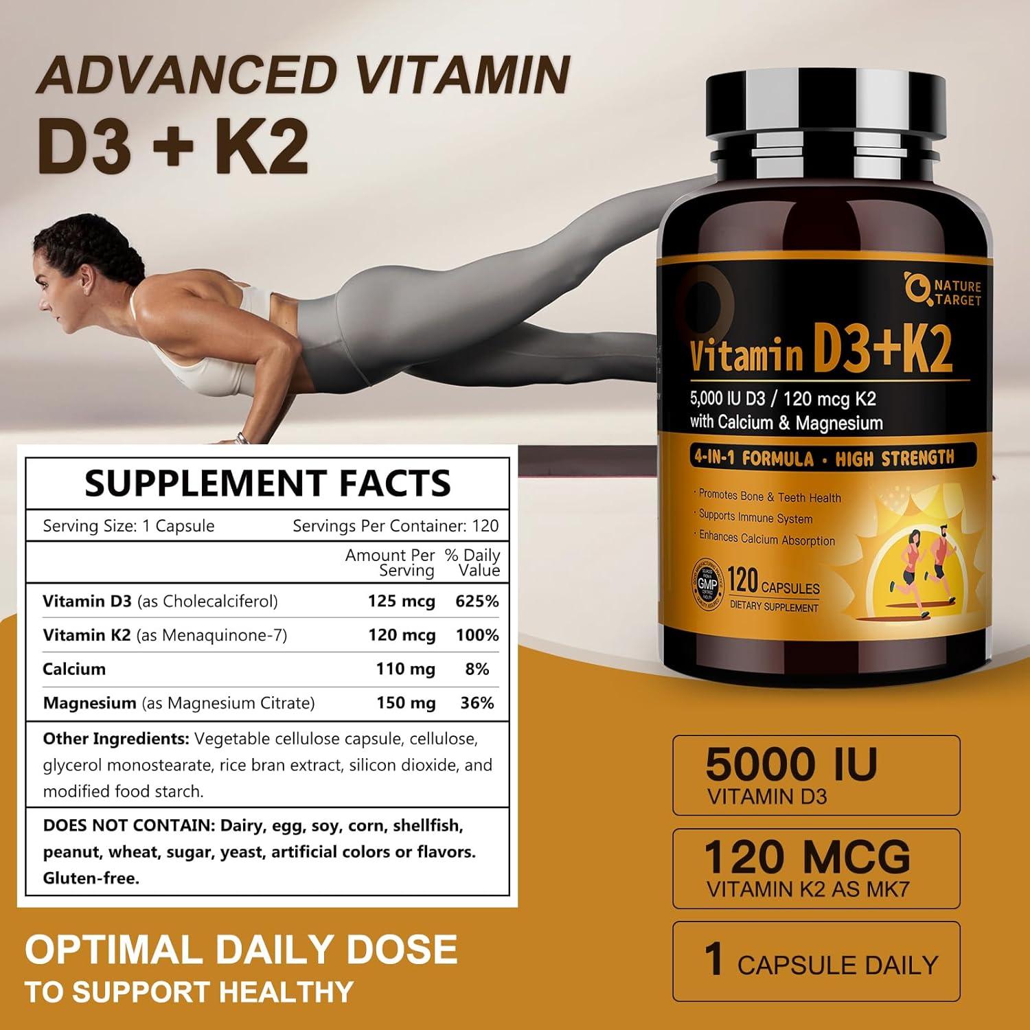Vitamin D3 K2 Capsules Supplement with Calcium & Magnesium - Max Strength 4 in 1 Formula for Bone, Heart & Immune Support