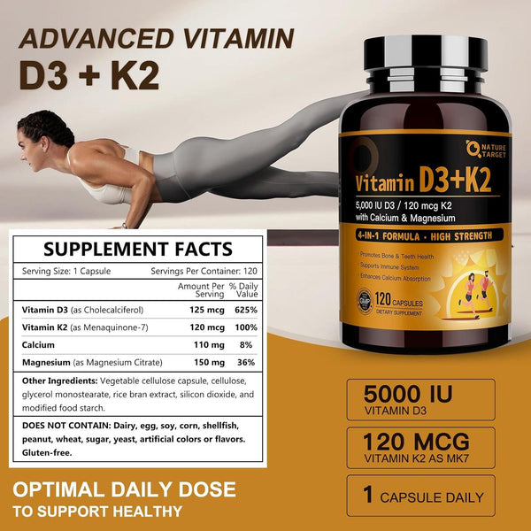 Vitamin D3 K2 Capsules Supplement with Calcium & Magnesium - Max Strength 4 in 1 Formula for Bone, Heart & Immune Support