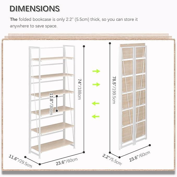 4NM No Assembly Foldable Bookshelf, 6-Shelf Collapsible Bookcase Storage for Small Spaces, 74