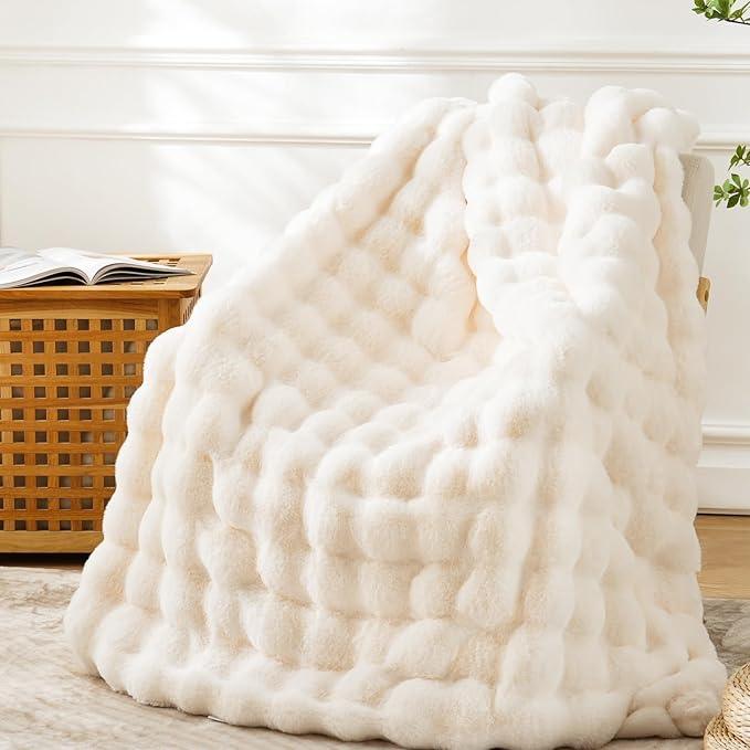 BENVWE Faux Fur Throw Blanket for Couch Bed - Fluffy Soft Thick Bubble Blanket for Living Room Home Decor - Mothers Day Birthday Gifts for Women, Cream White, 63
