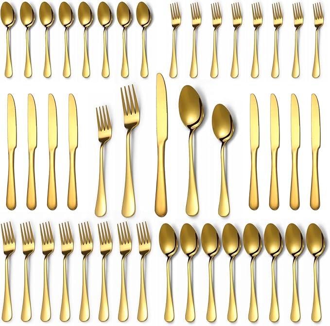 Lazycorner 40 Pcs Gold Silverware Set for 8, Food Grade Stainless Steel Flatware Set Include Fork/Knife/Spoon, Mirror Polished Eating Utensils Sets, Reusable Silverwear Cutlery Set, Dishwasher Safe