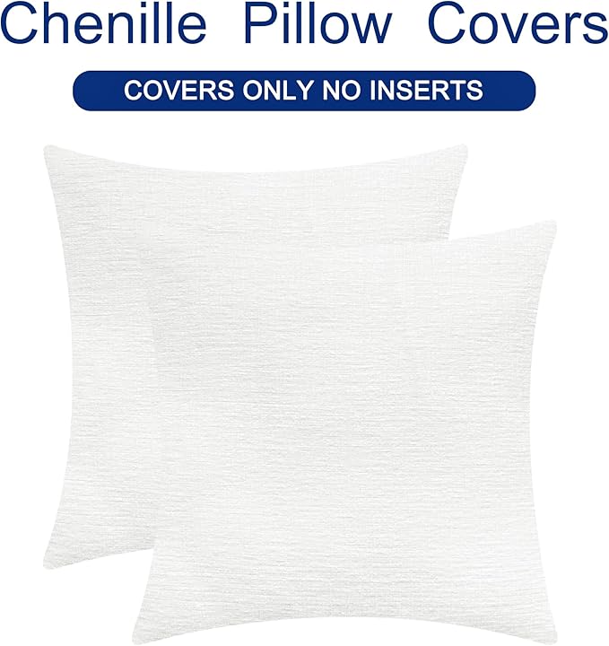 CaliTime Throw Pillow Covers Decorative 26 X 26 Inches Pack of 2 Cozy Chenille Cushion Cases for Couch Sofa Bed Living Room Home True White