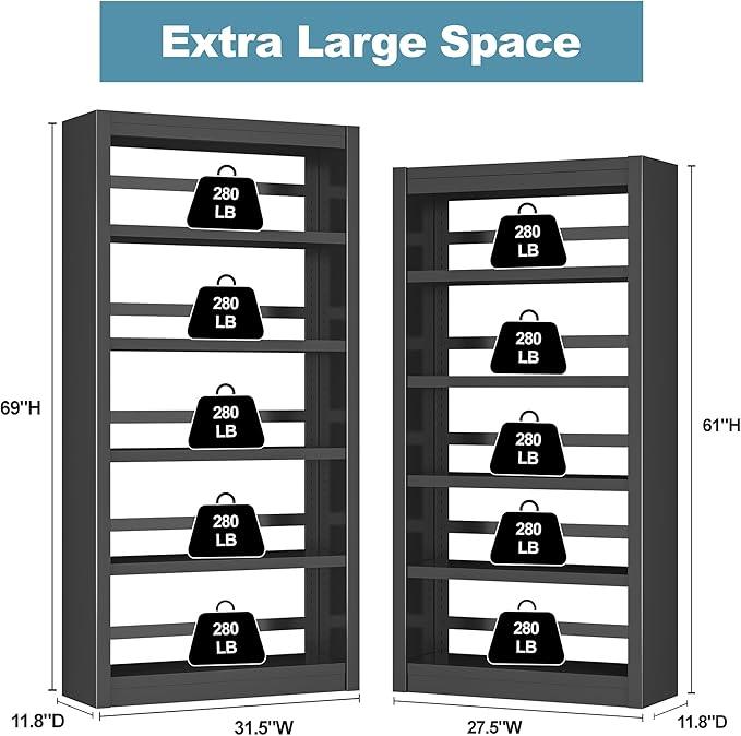 Bookcase, 5-Shelf Industrial Bookshelf, Large Storage Space, Adjustable Bookshelves, Perfect for Living Room, Home Office, Garage, Ideal for Home Office Upgrade