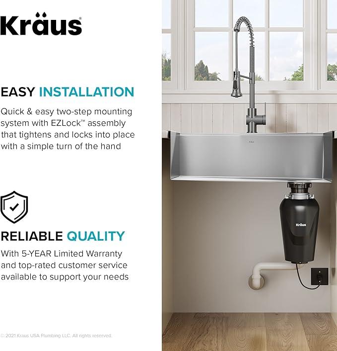 KRAUS WasteGuard 3/4 HP Ultra-Quiet Garbage Disposal with Quick Connect, Kitchen Sink Drain Cover, Power Cord and Flange Included, KWD100-75MBL