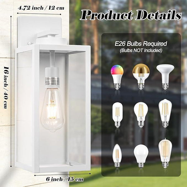 16-inch Large Outdoor Wall Light Fixture, White Exterior Wall Lantern Waterproof, Farmhouse Porch Sconce Lighting with Glass, Modern Outside Lights for House, Garage, Patio Lamp, 2 Packs