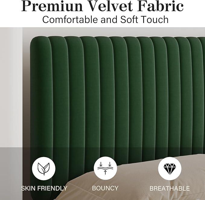 Twin Bed Frame, Velvet Upholstered Platform Bed with Vertical Channel Tufted Headboard and Footboard, No Box Spring Required, Easy Assembly, Green