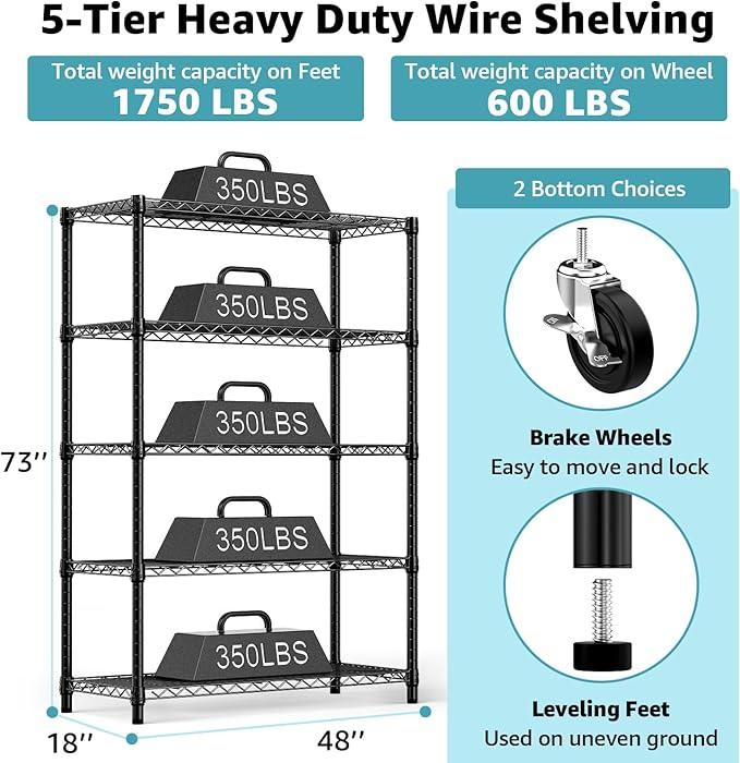5-Shelf Storage Shelves,Wire Shelving Heavy Duty Metal Storage Shelving Unit Adjustable Garage Shelving Rack Pantry Kitchen (Black, 5 Tier,17.7