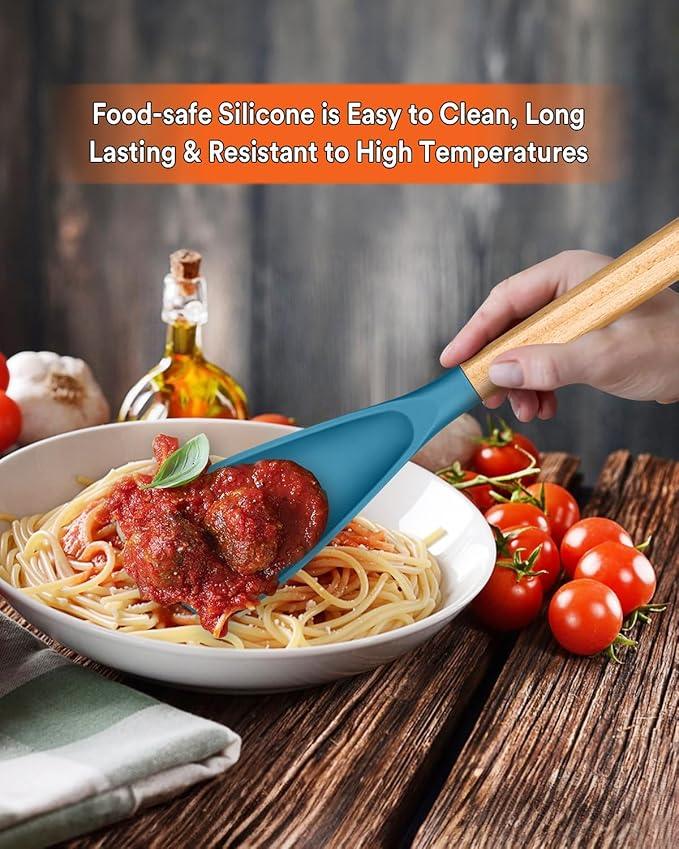Multifunction Spatula Spoon for Nonstick Cookwares, Great for Cooking and Serving, Sturdy BPA-Free Matte Silicone, Wood Handle Spatula for Mixing, Scoop, and Scrape, Turquoise(2 pack,11.4