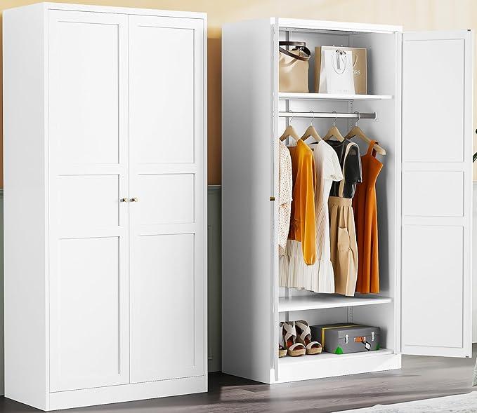 Metal Wardrobe Cabinet with Hanging Rod,White Armoire Wardrobe Closet,Metal Clothing Storage Cabinet with Adjustable Shelves and Doors,72