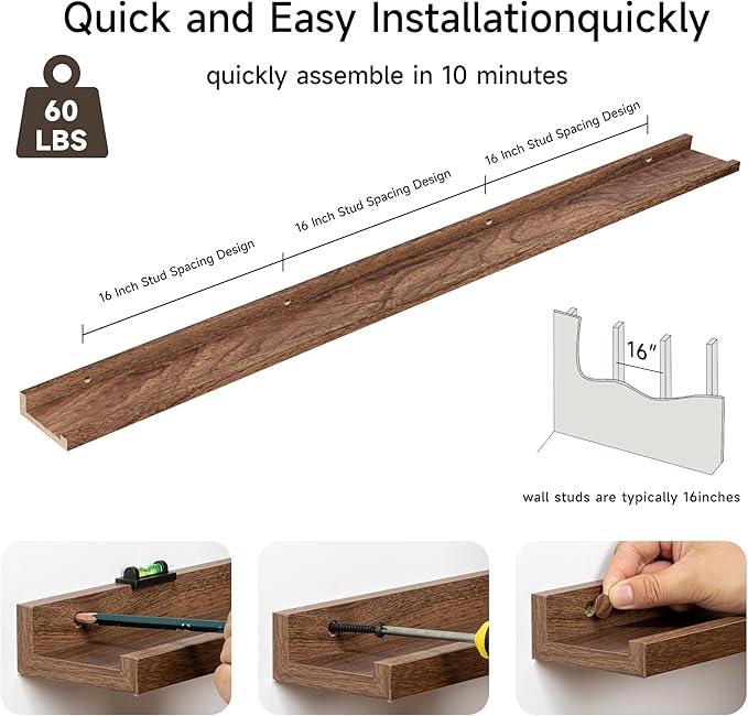Floating Picture Ledge Shelves for Wall Set of 2, 72 Inches Picture Ledge Shelf with Long Large Nursery Book Shelf for Toys Storage Kids Bookshelf Wall Mounted Living Room Bedroom Decor Frames, Walnut