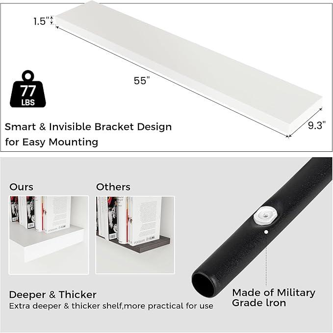 Floating Shelves for Wall, Large Wall Mounted Shelves with Invisible Brackets, Long Wood Floating Shelf for Living Room, Bedroom, Kitchen, (White, 55