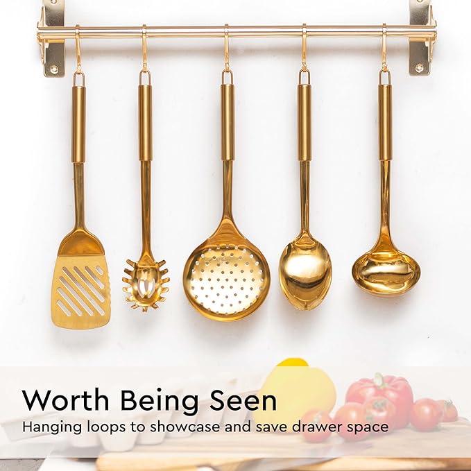 Gold Cooking Utensils Set – 5-Piece Stainless Steel Kitchen Tools for Modern Cooking and Serving – Dishwasher Safe Ladle, Spoon, Spatula, Pasta Fork, Luxury Brass Kitchen Accessories for Home Chefs