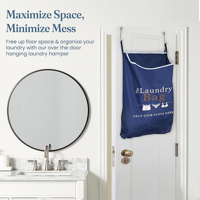 Fine Living Co. Large Hanging Laundry Hamper with Over Door Hooks & Adhesive, Durable Space Saving Laundry Bag with Zipper and Wide Open Top, Hanging Dorm Laundry Hamper (Navy Blue with Print-XL)