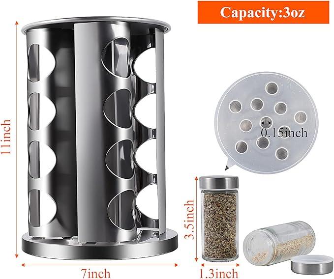 DOUBLE 2 C Revolving Countertop Spice Rack Stainless Steel Seasoning Storage Organization,Spice Carousel Tower for Kitchen Set of 16 Jars (16Jars)