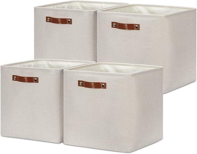 DULLEMELO Storage Bins, 4 Pack Of 13x13x13 Decorative Storage Cube Bins Suit Office, Home, Shelves And Closet, Cube Storage Bin with Leather handle(4 Pack - 13