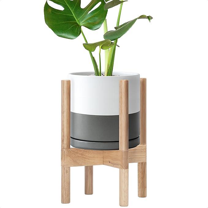 D'vine Dev Ceramic Planter with Natural Stand - 8 Inch Modern Round Flower Pot with Wood Planter Holder, White/Grey, 55-B-N-6