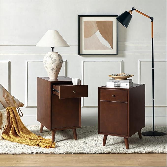 HULALA HOME End Table with Drawer Set of 2, Modern End Table with USB Ports and Outlets, Wooden Side Table with Storage-Walnut
