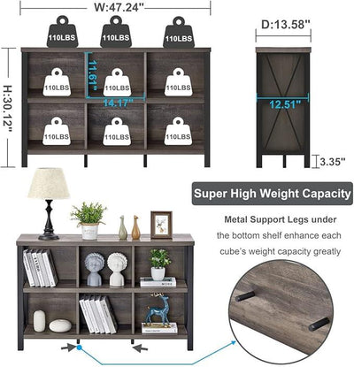 FATORRI Rustic 6 Cube Storage Organizer with Shelf, Wood and Metal Cubby Bookcase, Industrial Horizontal Bookshelf for Living Room, Home Office (Walnut Brown, 47 Inch)