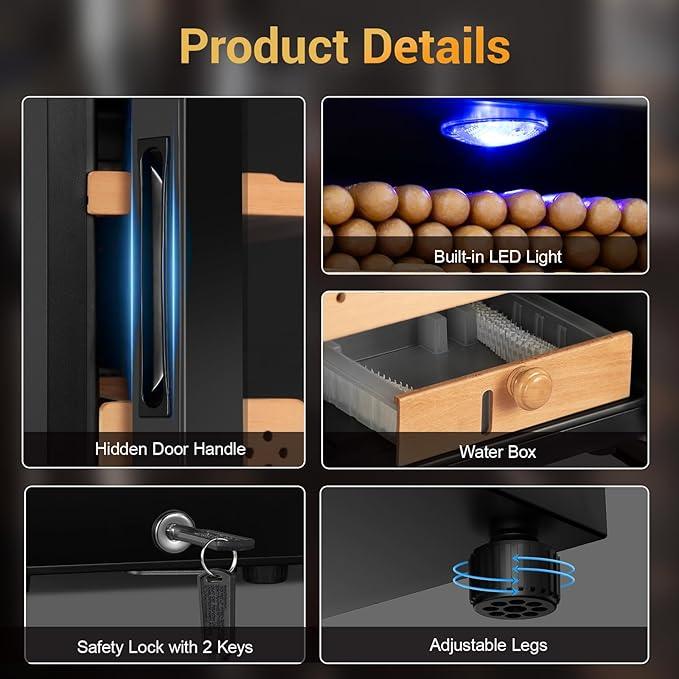 Electric Humidor for Cigars, 35L 250 Counts Large Capacity Thermostatic Desktop Humidor Cabinet with Digital LED Screen, Safety Lock,Smart Humidity & Temp Control, Gifts for Men