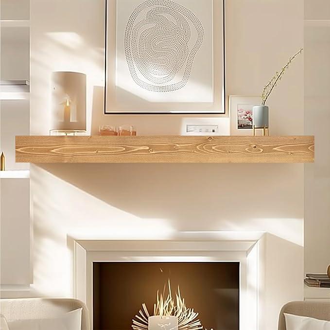 60x8x3 Fireplace Mantel - Handcrafted Hollow Rustic Solid Wood Wall Mounted Floating Shelf with Invisible Heavy Duty Wood Bracket (Natural Wood)