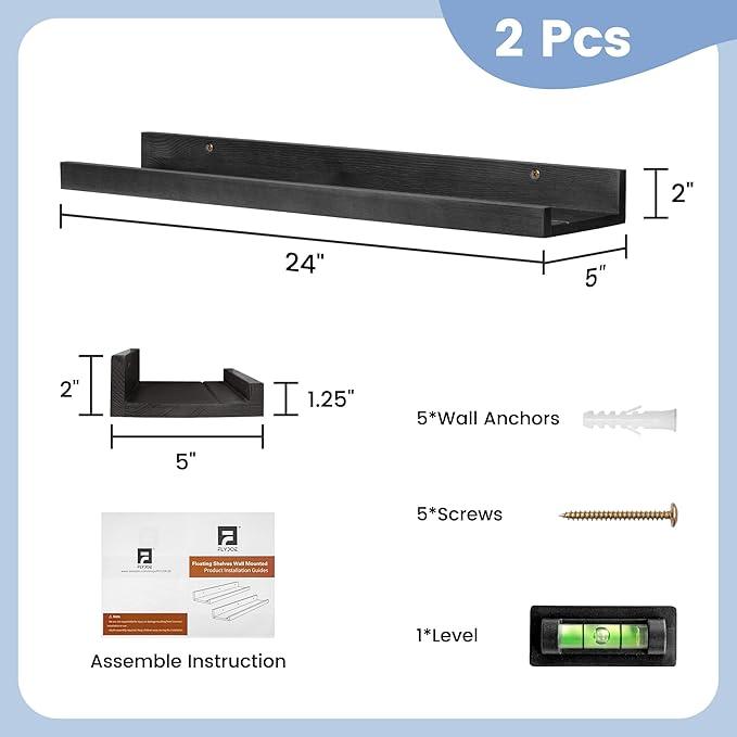 Picture Ledge Shelf for Wall, 24 inch Solid Pine Wood Nursery Book Shelves 2 Packs, Floating Ledge Shelves for Kids' Room Bedroom Bathroom Living Room Photo Frames Office Nursey Wall Decor, Black