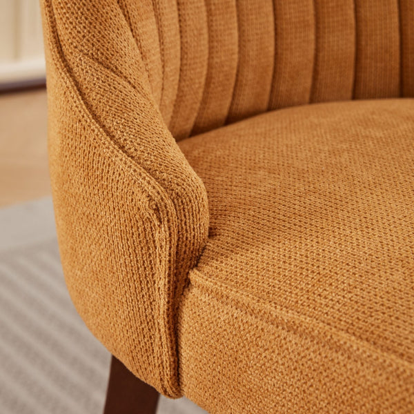 Armrest and seat stitching detail of the Set of 2 Rayon Cloth Flocking Linen Dining Chairs in textured mustard yellow fabric.
