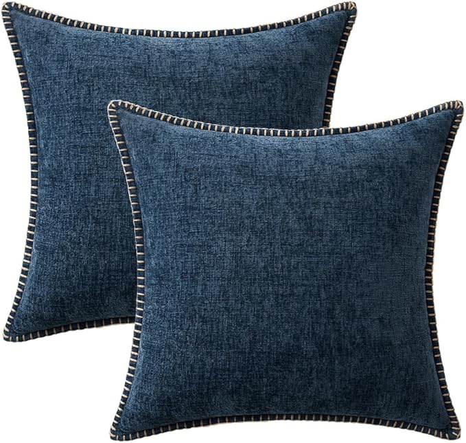 MIULEE Pack of 2 Couch Throw Pillow Covers 20x20 Inch Coastal Navy Blue Farmhouse Decorative Pillow Covers with Stitched Edge Soft Chenille Solid Dyed Spring Pillow Covers for Sofa Bed Living Room