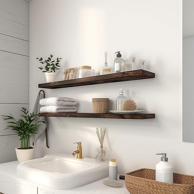 48 Inch Floating Shelves for Wall Rustic Brown Wood Wall Shelves for Bedroom Set of 4