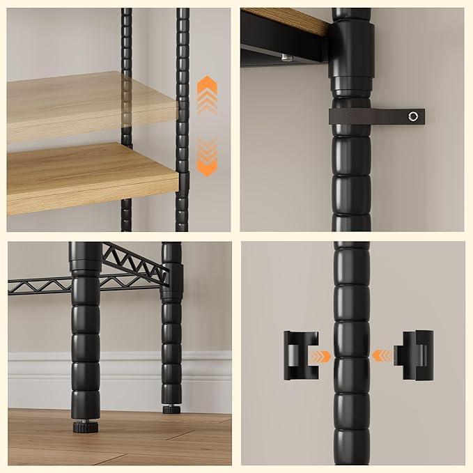 CABIHOME 5-Tier Over-The-Washer Shelf - Adjustable Height Laundry Organizer Space Saver, Double-Layer 100lb Shelves, 2 Hooks for Bathroom/Balcony (Natural& Black)