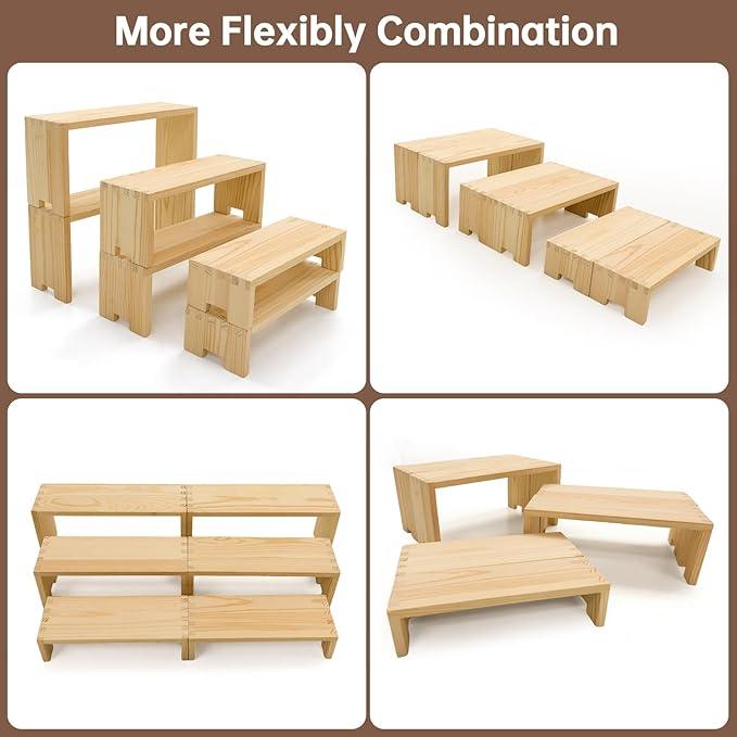 Display Wood Risers Wooden Stand 3 Tier Wood Racks Decorative Rectangular, 2 Set 6 Piece Cupcake Stands Cologne Perfume Organizer Dessert Showcase(Nature)