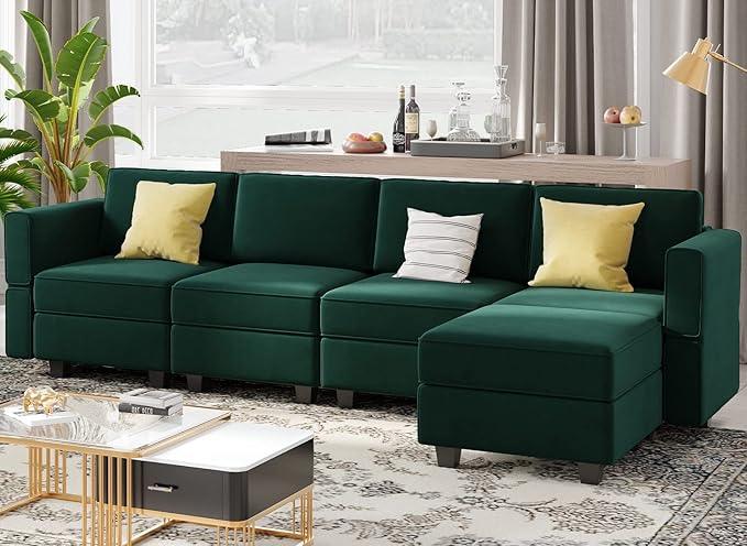 Belffin Modular Sectional Sofa Couch with Reversible Chaise - Velvet L Shaped Couch with Storage, 4-seat Convertible Green.…