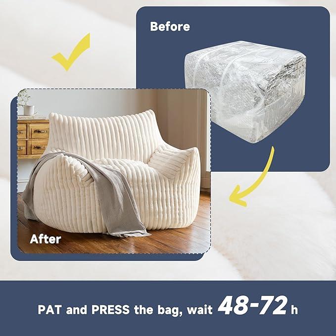 Oversized Bean Bag Chair for Adults, Giant Comfy Plush Boneless Bean Bag Couch with Filler for Kids - Reading Chair for Living Room, Bedroom & Dorm, Single Accent Chair Floor Lounger, Beige