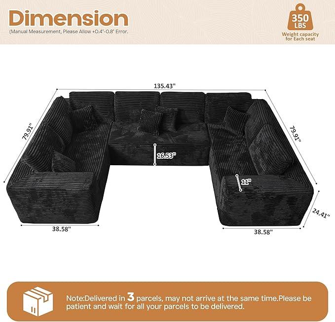Cloud Sectional Couches for Living Room,U Shaped Modular Sofas No Assembly,135x79 Inches Plush Corduroy Oversized Floor Couch Set with Deep Seat Chaise,Black
