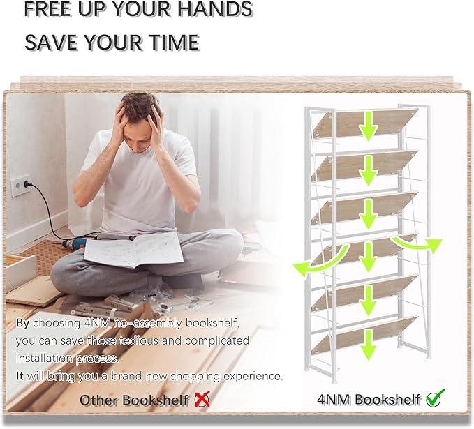 4NM No Assembly Foldable Bookshelf, 6-Shelf Collapsible Bookcase Storage for Small Spaces, 74