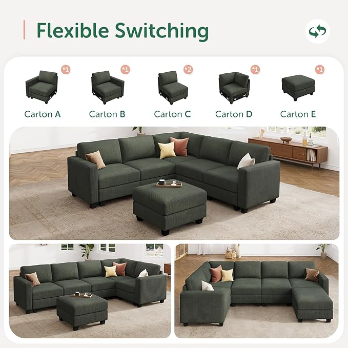 HONBAY Corduroy Modular Sectional Couch with Storage L-Shaped Sectional Couches for Living Room 6 Seater Modular Sofa, Green