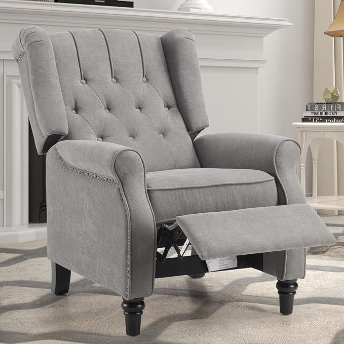 EBELLO 2 Pcs Pushback Recliner Chairs, Fabric Armchair Push Back Recliner with Rivet Decoration, Single Sofa Accent Chair for Living Room, Bedroom, Grey