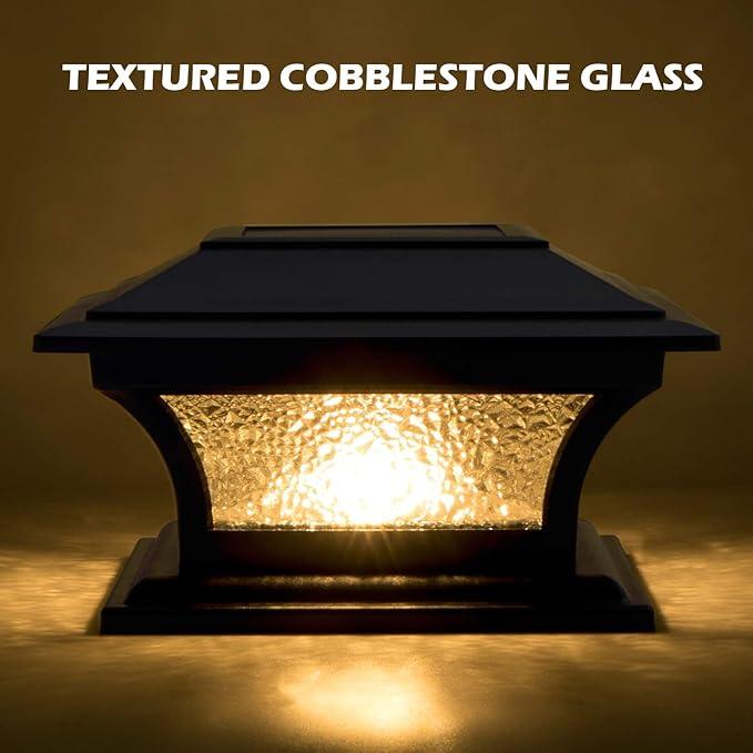 SIEDiNLAR Solar Post Lights Outdoor Glass LED Fence Cap Light 2 Modes for 4x4 5x5 6x6 Posts Deck Patio Garden Decoration Warm White/Cool White Lighting Black (2 Pack)